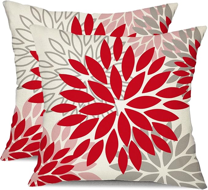 DFXSZ Red Pink Flower Pillow Covers 18x18 Inch Set of 2 Valentines Day Pillow Covers Outdoor Waterproof Decor for Living Room Sofa Patio Funiture Garden Floral Polyester pillowcovers 012F18