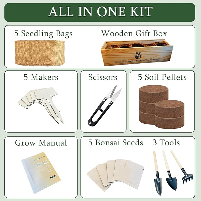 5X Bonsai Starter Kit, Bonzai Seed Kits, Durable Planting Bags, Complete Indoor Starter Kit for Growing Bonsai Plants, Gardening Gifts for Women & Men