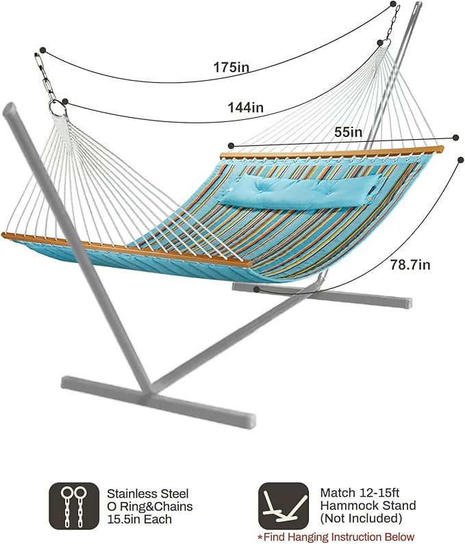 CHULIM 12 FT Double Quilted Fabric Hammock with Spreader Bars and Pillow 450 LBS Weight Capacity 2 Person Hammock for Outdoor Patio Backyard Poolside Blue Stripes