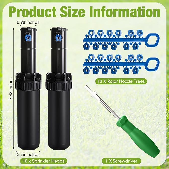 10 Pack Pop Up Sprinkler Heads with Screwdriver & Nozzle, Compatible with 5000 Series Gear Drive Rotor Sprinklers, Adjustable 25-360° Pattern, 25-50FT Spray Distance for Garden Irrigation