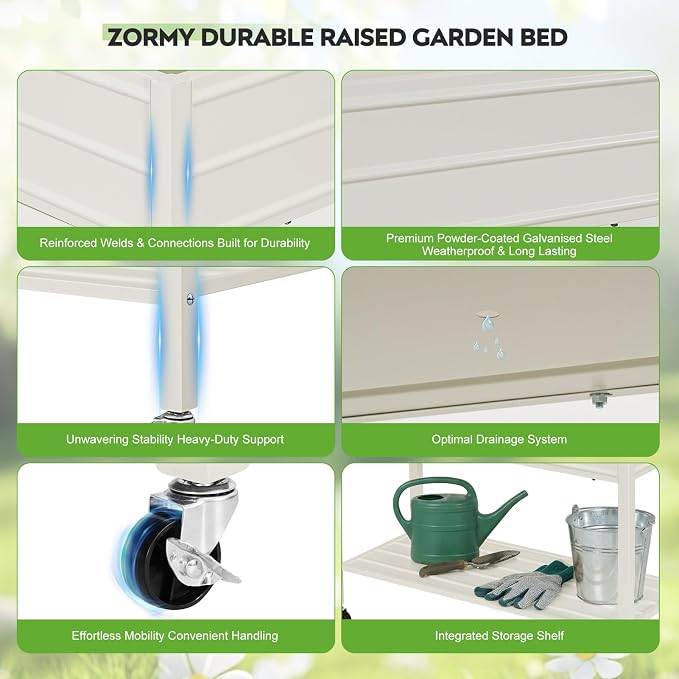 32" Tall Galvanized Raised Garden Bed with Legs Wheels & Shelf, Elevated Planter Box Outdoor for Vegetables, Herbs & Flowers, Patio & Backyard, Garden Bed with 400lb Capacity，White