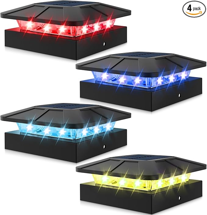 Peasur 4x4 Solar Post Cap Lights Outdoor RGB Color Changing, 4 Pack LED Post Top Light Solar Powered Waterproof, Fence Deck Lighting for Wood/Vinyl Posts for Outside Porch Yard Railing