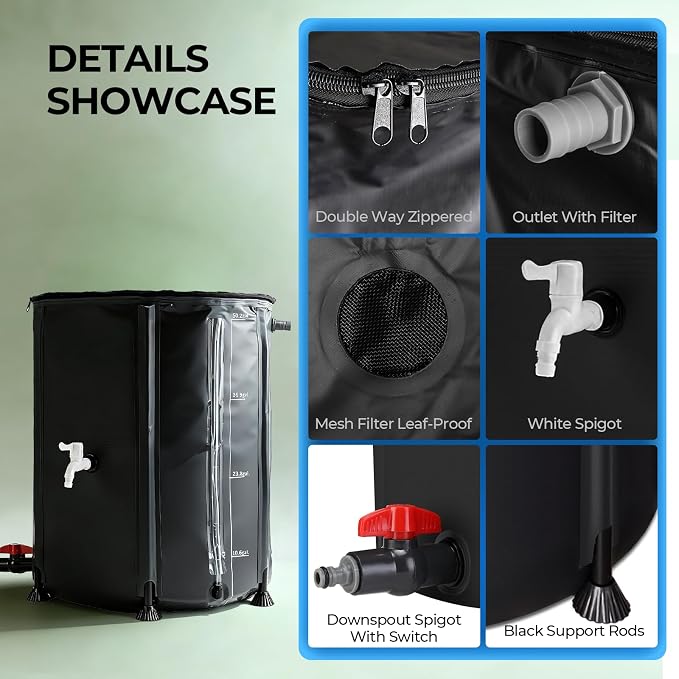 SKM Collapsible Rain Barrel, PVC Rain Water Collection System and Water Tank for Outdoor/Garden/Lawn, Portable Rain Water Collection Barrel Container with Spigots & Overflow Kit, 53Gallon, Black