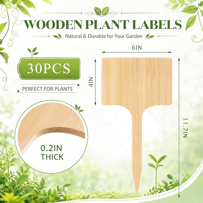 Hicarer 30 Pcs 11.74" x 6" Extra Large Bamboo Garden Markers, Natural Wood T-Type Large Plant Labels for Herbs, Flowers & Vegetables – Easy to Read Full-Size Tags for Garden Outdoor