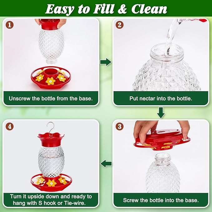 Fchstaer Glass Hummingbird Feeders for Outdoors Hanging Ant and Bee Proof 16OZ 2 Pack Clear Pineapple Humming Bird Feeder with 6 Feeding Ports and Ant Moat Hummingbird Gifts for Women Garden Decor