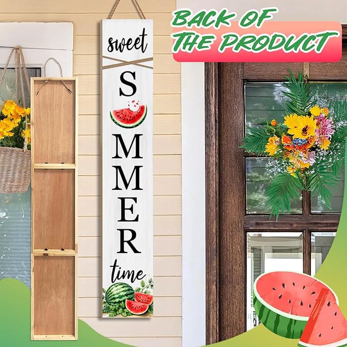 Summer Watermelon Porch Sign Sweet Summer Time Welcome Sign For Front Porch, Cute Fruit Home Decor Welcome Sign for Indoor Outdoor Garden Wooden Vertical Sign For Patio Front Door Wall Yard