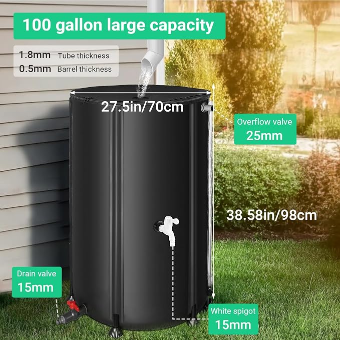 FAMIROSA 100 Gallon / 378L Collapsible Rain Barrel, Foldable PVC Rain Barrels to Collect Rainwater from Gutter, Portable Water Storage Tank Container with Spigot, Water Catcher Collector Black