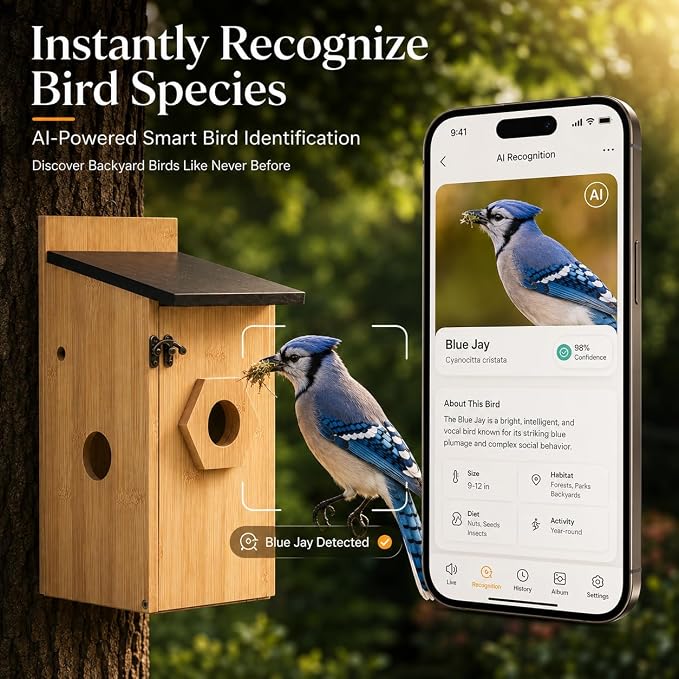 Bestmotoring Smart Bird House with Camera - Solar Powered AI Bird Feeder with 4MP Color Night Vision, AI Species Recognition & IP66 Waterproof, Ideal Gift for Bird Lovers