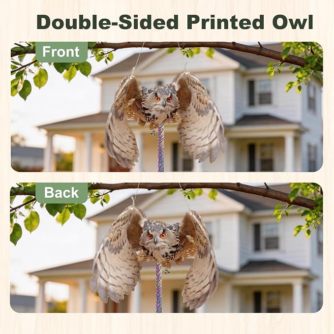 3 Pcs Hanging Fake Owl to Scare Animals Away, Flat Cardboard Fake Owl Keep Pigeon Woodpecker Away, Weatherproof Outdoor Decor for Contryard Patio Backyard Front Porch Balcony Orchard Windows