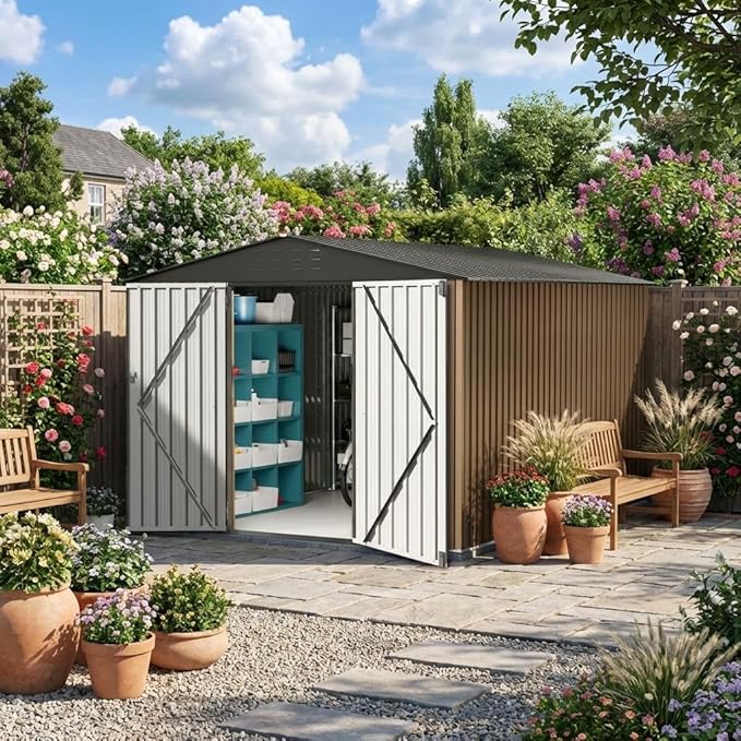 GarveeLife Large Outdoor Metal Storage Shed, 10x10 ft Metal Shed with Lockable Doors, Large Garden Tool Shed with Sturdy Frame Structure, for Backyard, Patio, Lawn, Brown