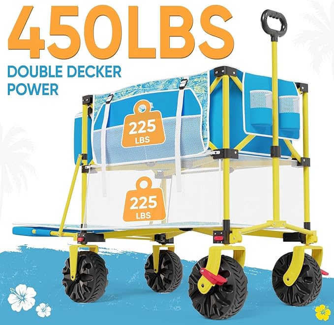 Double Decker Beach Wagon Cart, 400L Extra Large Capacity, 450lbs Heavy Duty, 54" Extendable Tailgate, All-Terrain Wheels with Brakes, Cooler Bag, Cup Holders & Side Pockets for Beach Camping Shoping