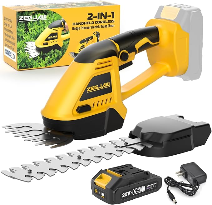20V Cordless Grass Shear & Shrubbery Trimmer 2-in-1 Handheld Hedge Trimmer with 2.0Ah Battery and Fast Charger, Small Electric Bush Trimmer for Garden, Yard, Lawn Maintenance