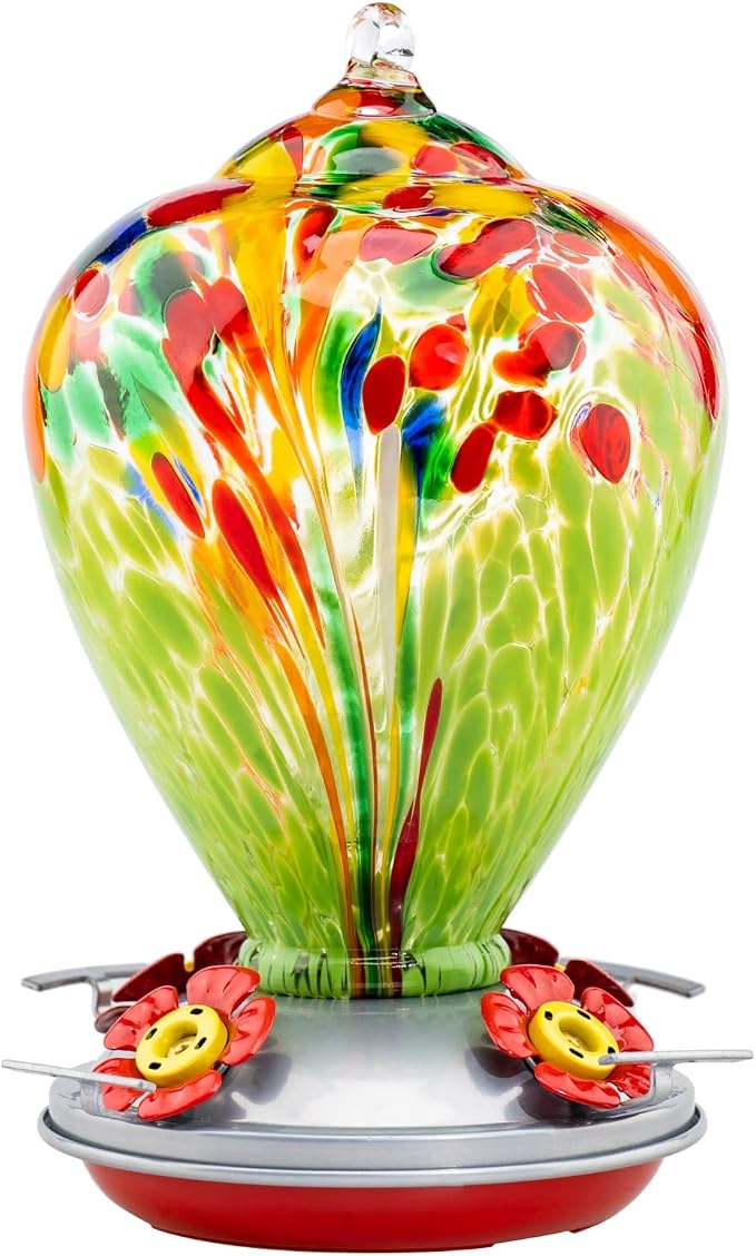Muse Garden Hummingbird Feeders for Outdoors Hanging, Blown Glass Hummingbird Feeder, Hummingbird Gifts for Mom, Garden Decor for Outside, Unique Gifts Idea for Women, 34 OZ, Green Fireworks | Muse Garden Hummingbird Feeders for Outdoors Hanging, Blown...