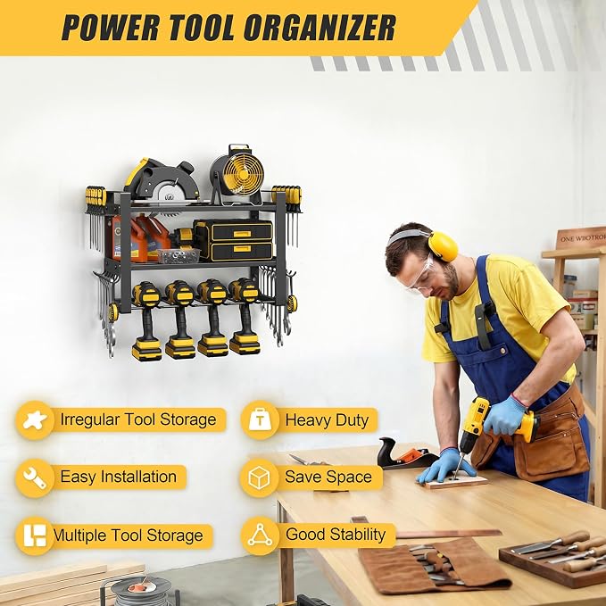 Jusgym Power Tool Organizer Wall Mount |150lbs Garage Tool Storage Rack with 4 Cordless Drill Holder |3-Tier Heavy Duty Garage Organization |Gifts for Men