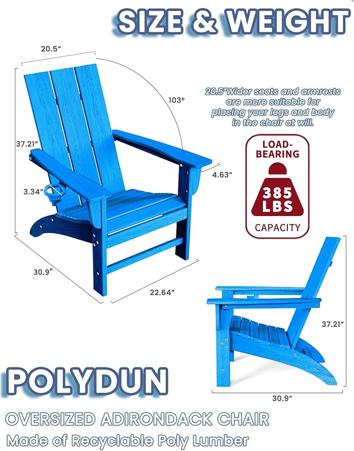 Modern Adirondack Chairs Set of 6, HDPE Plastic Patio Chairs for All Weather, Fire Pit Chair, Outdoor Lawn Chairs for Deck, Porch, Backyard, Garden, Royal Blue