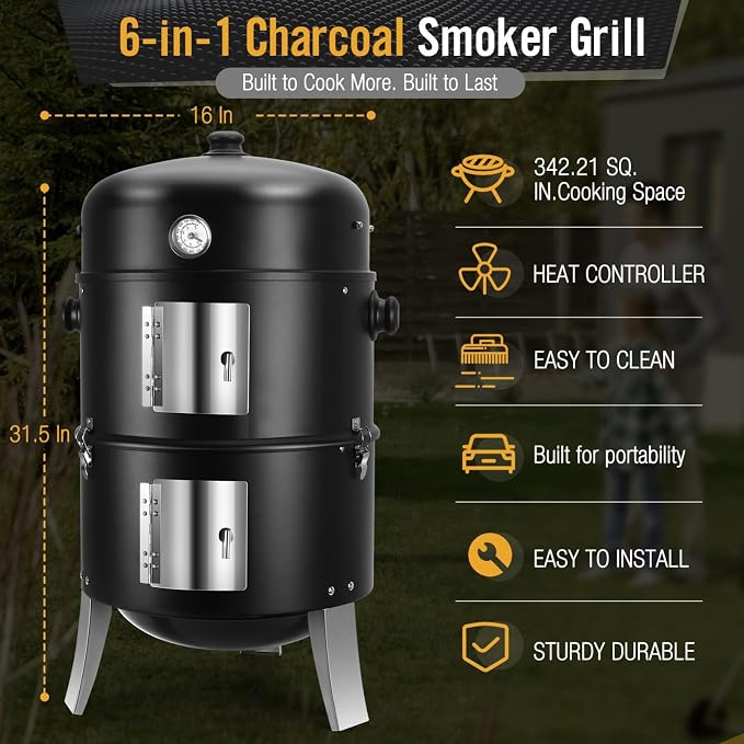 BBQ Charcoal Smoker for Meat: 16 Inch Heavy Duty 4 In 1 BBQ Charcoal Grills - Vertical Barbecue Smokers Grill Combo for Outdoor Cooking Patio Backyard Picnic Party Grilling