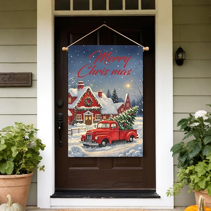 Merry Christmas House Flag 28x40 Inch Red Truck House Xmas Winter Holiday Seasonal Theme Decorative Garden Flags for Outside Double Sided Outdoor Home Farmhouse Decoration Porch Yard Decor