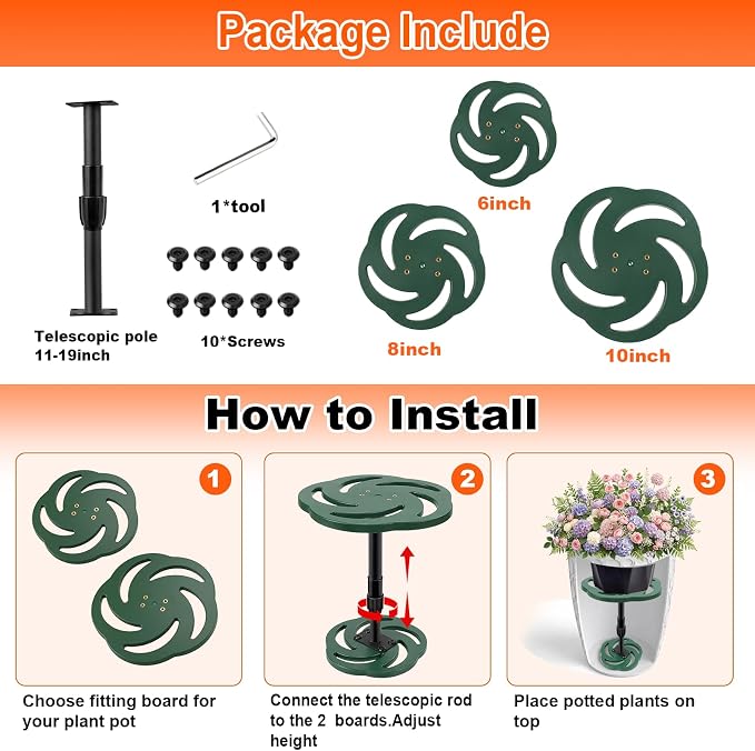Axcoix Adjustable Height Plant Risers for Inside Pots, 12-21" Plastic Planter Inserts for Large Pots, Pot Fillers for Tall Square Round Taper Planters (6" 8" 10" Base or Top)