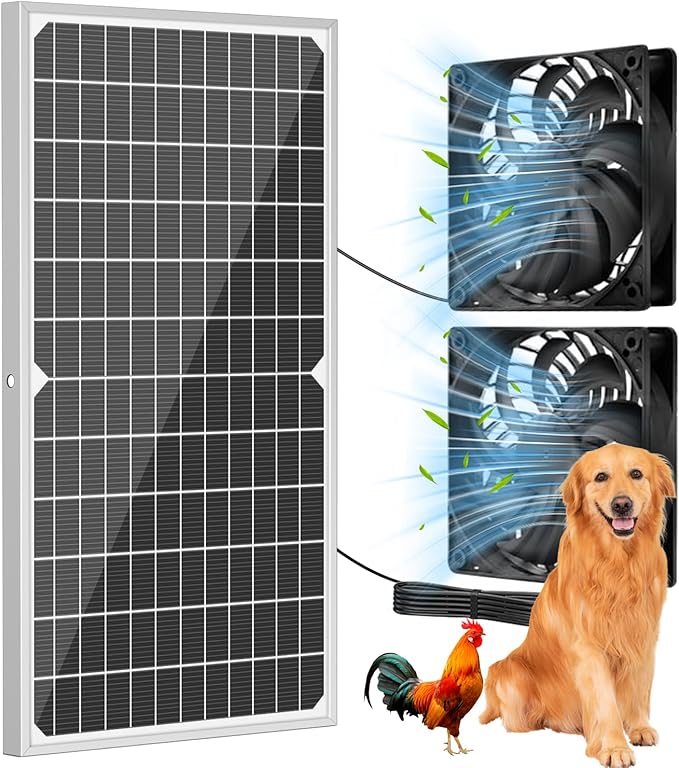 Solar Powered Fan Kit 17.72 Inch IPX7 Weatherproof, 22W Solar Panel with 2 Waterproof Fans, Intake or Exhaust Air Fan for Outside Backyard Chicken Coops, Greenhouses, Doghouse