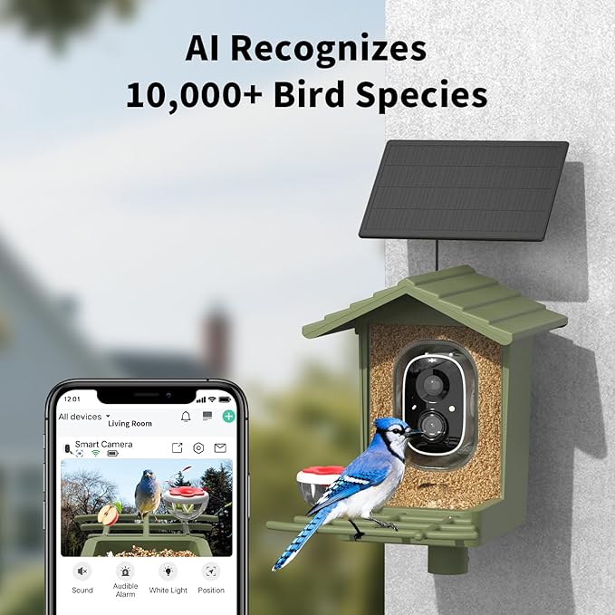 Smart Bird Feeder Camera with AI Species Identifier | Solar Powered, 2.5K HD Video, Motion Alerts - Outdoor Garden & Birdwatching Gift