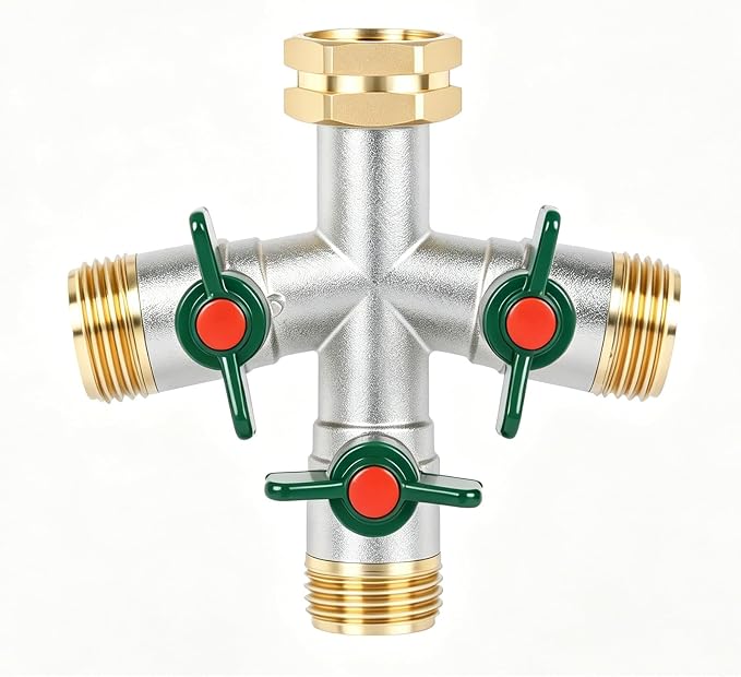 Love is War Brass 3 Way Garden Hose Splitter with Individual Shut Off Valves, Heavy Duty 3/4 Inch Outdoor Water Hose Connector Splitter for Garden Faucet Spigot