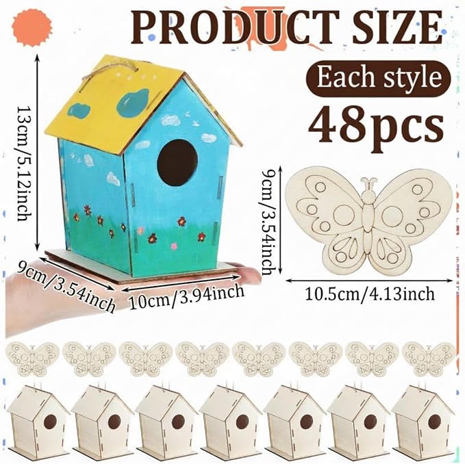 DoubleFill 96 Pack Wooden Bird Houses Bulk Butterfly Wood Chips for DIY Unfinished Hanging Birdhouse Kits Wooden Craft Houses to Paint Summer Bulk Craft Family Crafts Party Favor