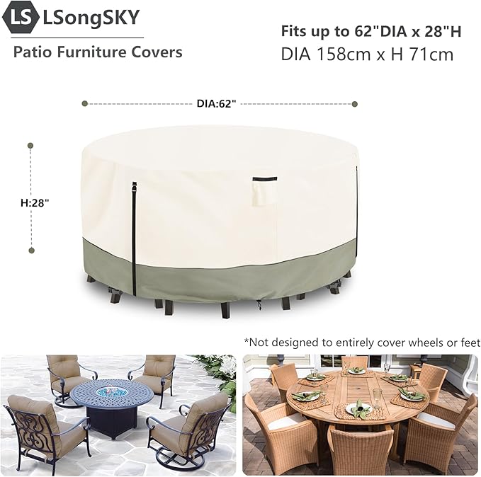 Round Patio Furniture Covers,600D Heavy Duty Waterproof Outdoor Furniture Cover for Round Dining Table with Rocking Swivel Chairs Set,62" Dia x 28" H Beige
