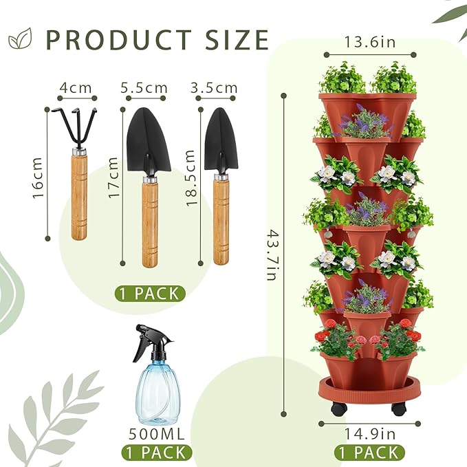 Umigy 1 Set Brick Red 7 Tier Vertical Planter Stackable Tower Planters Strawberry Herb Flower and Vegetable Pots Indoor Outdoor Gardening Pots with Removable Wheels and Tools