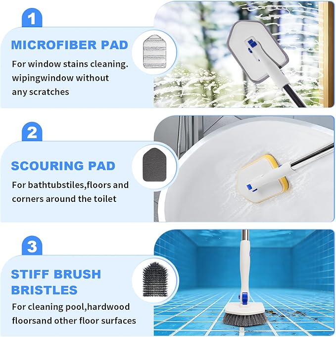 Pool Brush Floor Scrub Brush with 52" Adjustable Long Handle,Shower Swimming Pool Brush for Glass Doors,Bathroom,Kitchen,Tile,Car Glass,Marble Floors