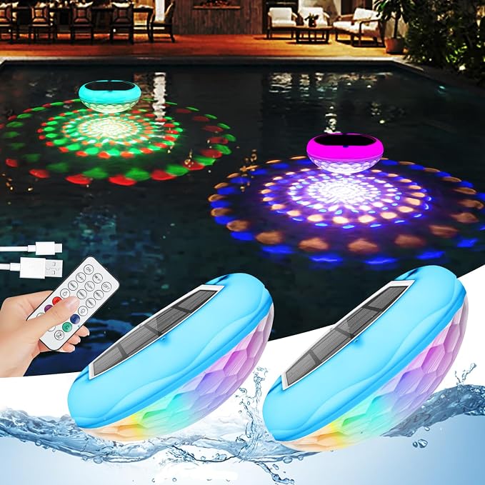 QOLNBY Solar Floating Pool Lights(2 PCS), USB Rechargeable 2600mAh Pool Lights with Remote, 6.69 Inch IP68 Waterproof RGB 6 Dynamic Modes Upper and Lower Glow Hangable Solar Floating Light for Garden