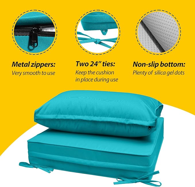 AAAAAcessories Outdoor Seat Cushions for Chairs, Fade-Resistant, Waterproof Patio Furniture Replacement Cushions, 23.5" x 25.5" x 5" + 23.5" x 13.5", Turquoise Blue