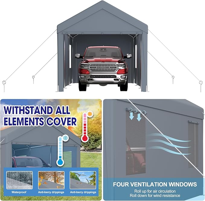 10x20FT Canopy, Outdoor Portable Garage with 2 Roll-Up Doors & 4 Ventilated Windows, Patio Camping Heavy Duty Car Port Canopy with PE Cover, Ground Pegs & Steel Cables, Easy Assembly, Grey