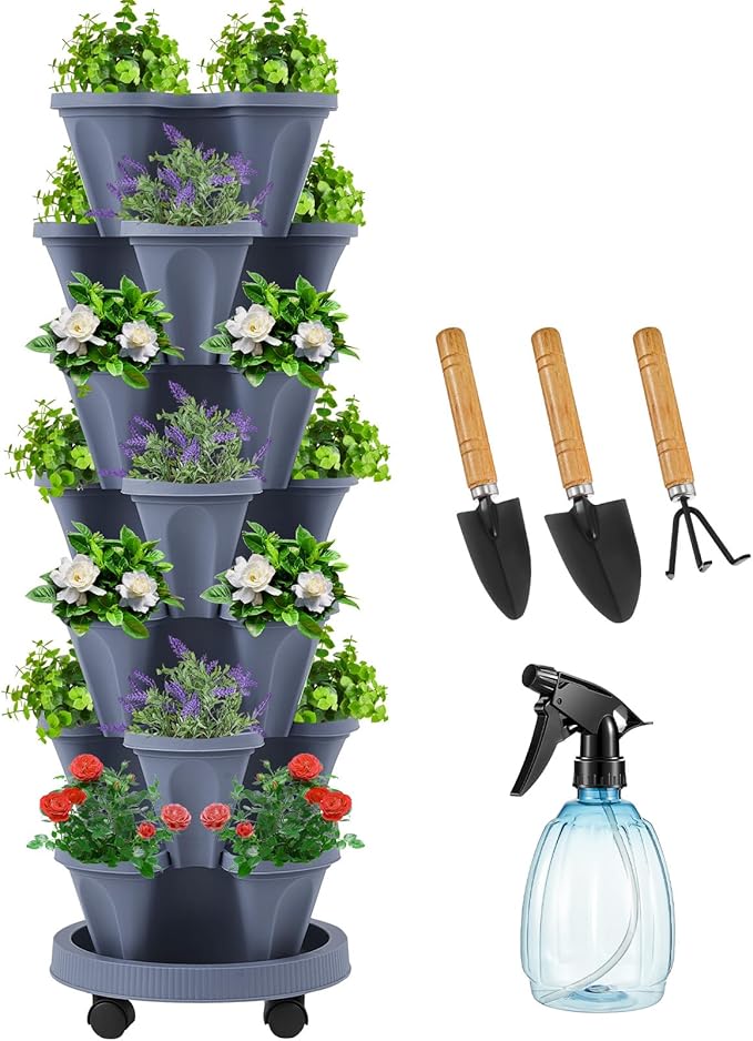 Umigy 1 Set Dark Gray 7 Tier Vertical Planter Stackable Tower Planters Strawberry Herb Flower and Vegetable Pots Indoor Outdoor Gardening Pots with Removable Wheels and Tools