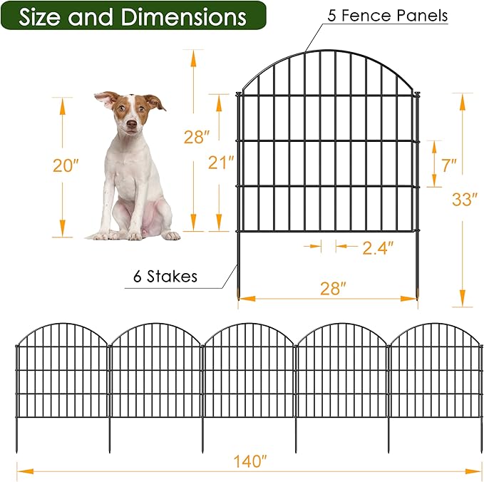 FOREHOGAR Metal Garden Fence 28in (H) x 11.7ft (L), 5 Panels + 6 Stakes Rustproof Border Fence Animal Barrier for Dog, No Dig Garden Fencing for Yard Flower Bed Patio Outdoor, CTW2828 Black