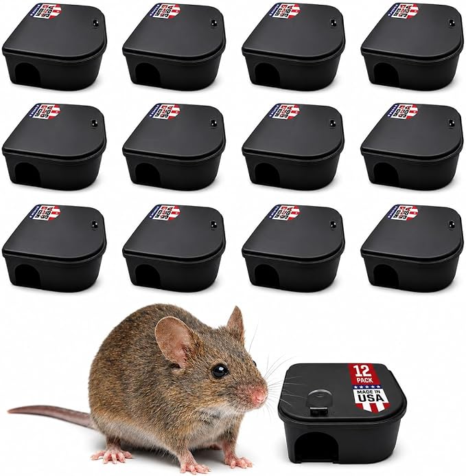 Exterminators Choice Compact Mouse Bait Station - Compact Outdoor Mouse Bait Box - Lockable Design with Key - Versatile Indoor & Outdoor Use - Pack of 12, Black, 4.75in x 3.5in x 1.25in.