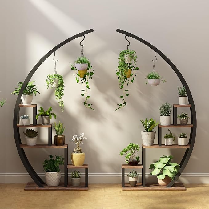IDEALHOUSE 2 Pack 5 Tier Tall Indoor Plant Stand, Metal Half Moon Tiered Flower Rack, Space-Saving Design with 6 Hangers for Multiple Plants Display, Decorative Shelf for Home & Outdoor,Black
