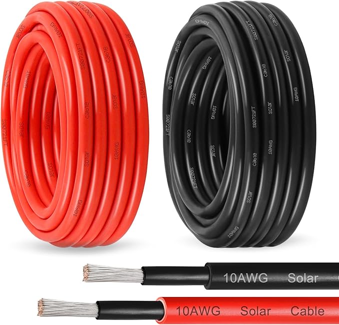Solar Panel Wire 10 AWG(6mm²) - Solar Extension Cable 20Ft Black & 20Ft Red 10 Gauge Tinned Copper PV Wire for Outdoor Automotive RV Solar Panel Boat Marine (Black+Red)
