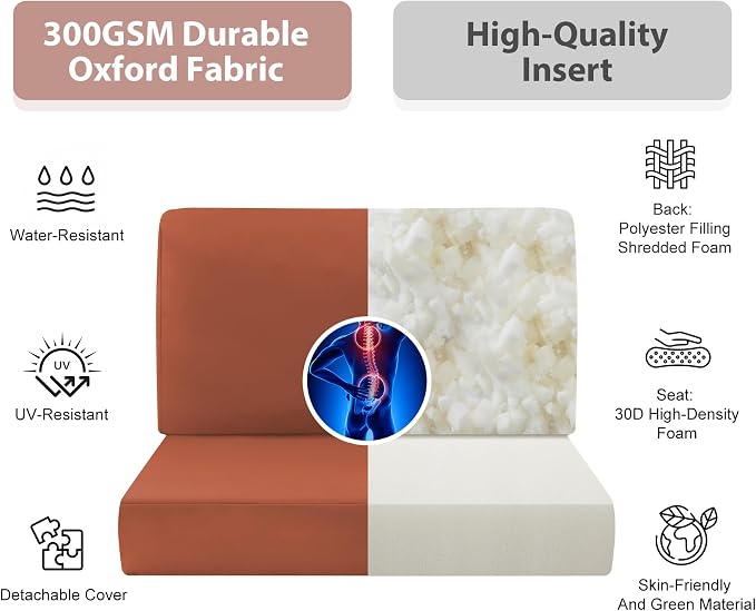 7-Piece Patio Furniture Cushions Set, Replacement Outdoor Cushions for 4-Seat Patio Sectional, Waterproof & Fade Resistant Deep Seat Cushion for Outdoor Sofa, Spice
