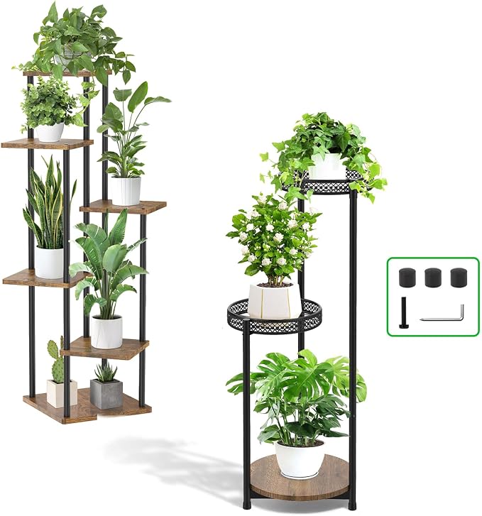 Oppro Plant Stand Set of 2, Tiered Metal Wood Corner Planter Stands Flower Shelf for Indoor Outdoor Plants