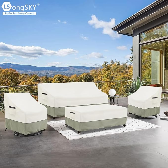 Patio Furniture Covers 4 Piece Set, 600D Heavy Duty Outdoor Furniture Covers Waterproof for Patio 3-Seater Sofa,Swivel Rocker Chair and Coffee Table Furniture Set,(Beige,XX-Large)
