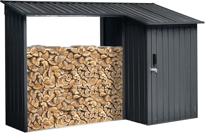 Ball & Cast 106.5" Outdoor Steel Firewood Rack Metal Storage Shed with Door and Reinforced Base,Multi-Functional 2 in 1 Waterproof Cabinet W/Roof,for Equipment Machines,Black