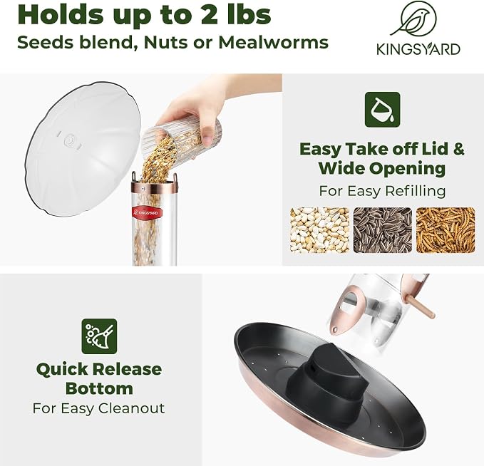 Kingsyard Metal Bird Feeders for Outdoors Hanging, Wild Bird Feeder with Large 11.5" Protective Dome and 8" Removable Tray, 3 lb Seeds Capacity (Antique Copper)