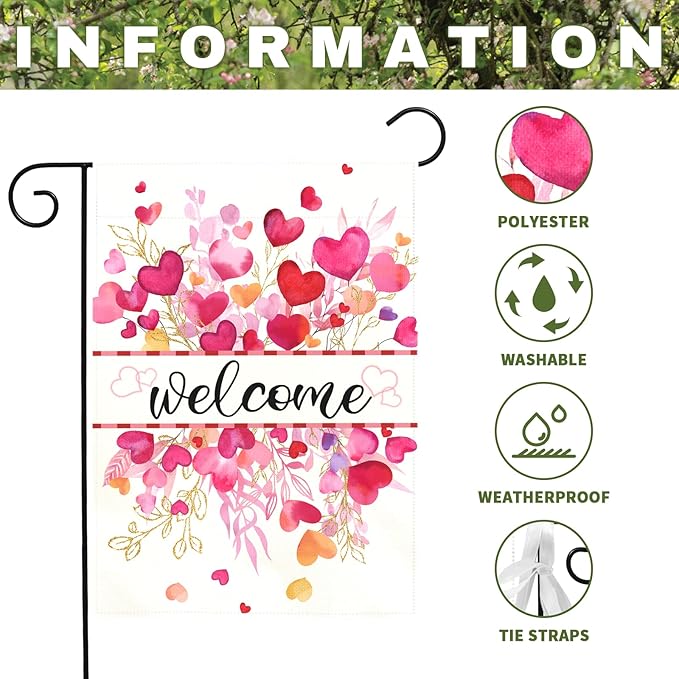 Valentines Day Garden Flag Welcome Heart Design Double Sided Yard Banner Romantic Red Pink Love Hearts House Flag for Porch Patio Lawn Farmhouse Wedding Anniversary Party Decor 12x18 Inch