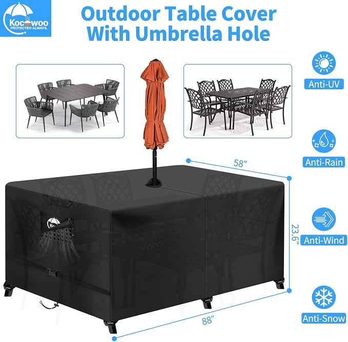 Rectangular Patio Table Cover with Umbrella Hole,Outdoor Lawn Patio Furniture Covers Heavy Duty 800D Oxford Fabric,Waterproof,Ripstop,UV Protection(88"Lx 58"W x 23.6"H)