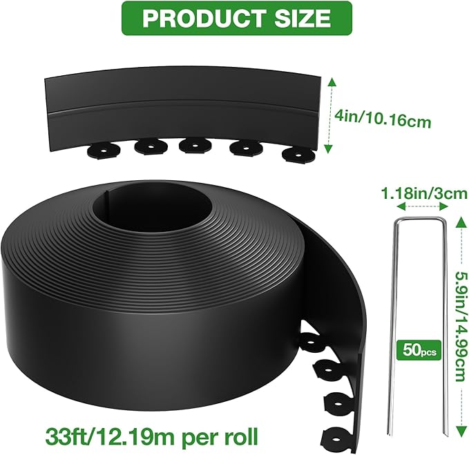 4in Tall,33ft Landscape Edging Kit with 50pcs Metal Spikes, Reinforced Rib Design,Not Digging Flexible Plastic Edge Border for Landscape, Lawn,Garden,Flower Beds,Yard,Paver,Playground, Fence,Pathway