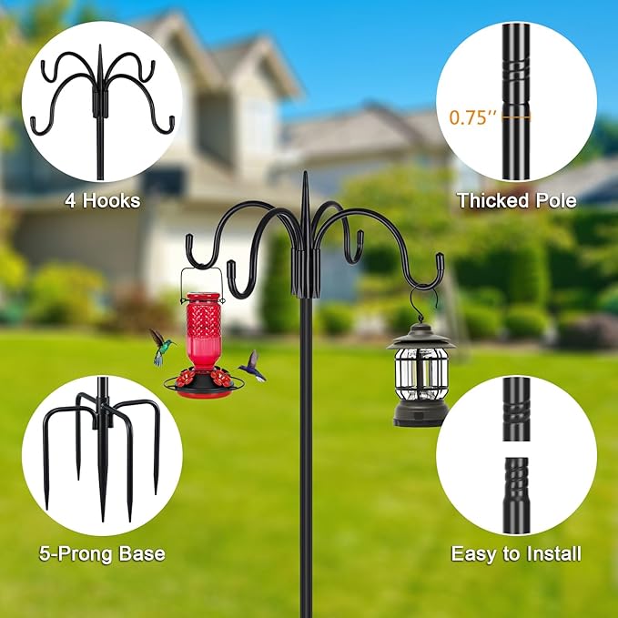 FEED GARDEN Heavy Duty Shepherds Hook 2 Pack 92" Four Hooks Adjustable (44/60/76/92") - Metal 5-Prong Base, 17lb Capacity - Easy Assembly Bird Feeder Pole for Hanging Planters, Lanterns, Wind Chimes
