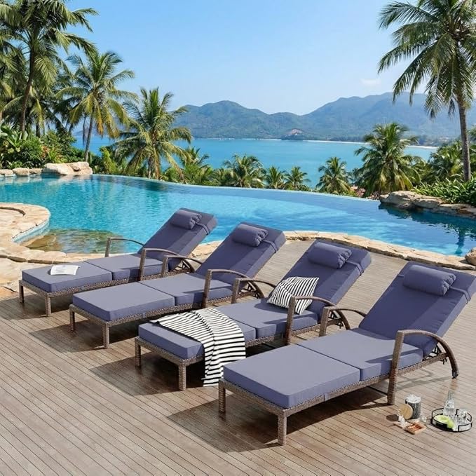 Garvee Outdoor Chaise Lounge Set of 2, 5-Position Adjustable PE Wicker Reclining Chairs with Wheels & 3.5" Cushions, 400 lbs Capacity All-Weather Patio Furniture for Poolside, Garden, Beach(Blue)