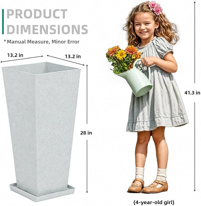 28" Tall Planters for Indoor Outdoor Plants, Set of 2 Large Tapered Flower Pots, Modern Plant Containers for Patio, Garden, Porch, Balcony or Home Decor, White Terrazzo, Durable & UV-Resistant