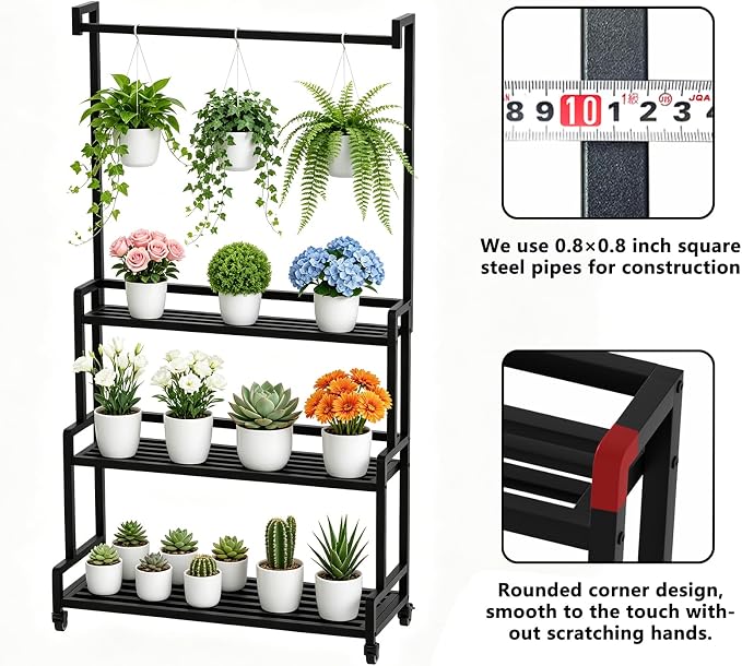3 Tier Rolling Plant Stand with 3 S-Hooks, 70" Tall Heavy Duty Metal Plant Shelf with Lockable Wheels, Black Curved Corner Plant Display Rack for Indoor Outdoor Patio Balcony Garden (With Hook)