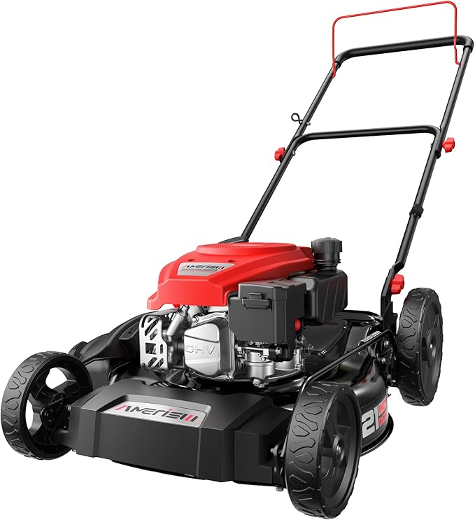 AMERISUN 21" Gas Lawn Mower, 2-in-1 Mulching & Side Discharge, 144cc Engine, 6-Position Height Adjustment, Foldable Handles for Lawn, Yard, and Garden Maintenance